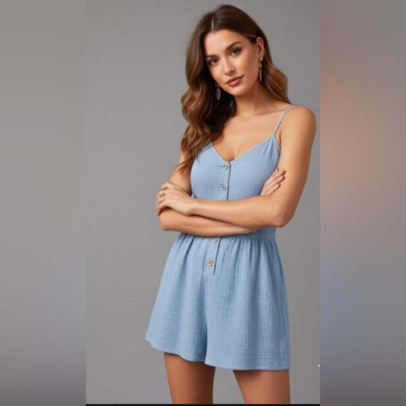 By Design Pants - Blue Cotton Front Button Romper